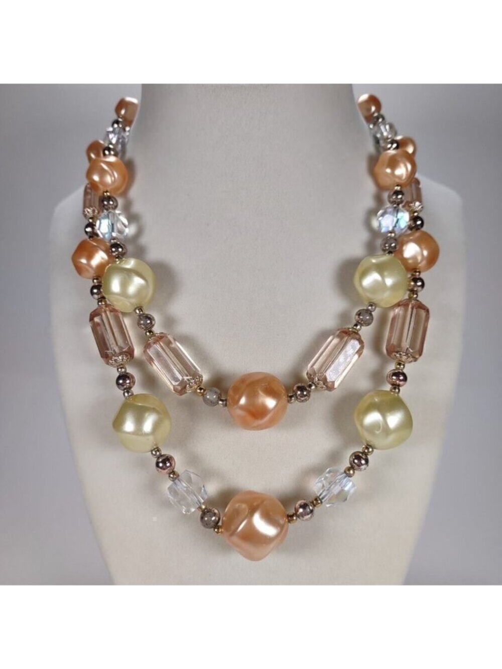 Vintage 2 Layer Peach and Yellow Beaded Gold Toned Stamped Japan Necklace